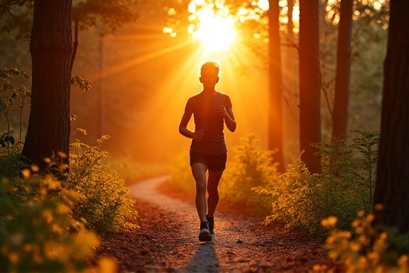 A person jogging on a scenic trail during sunrise, symbolizing energy and fitness.