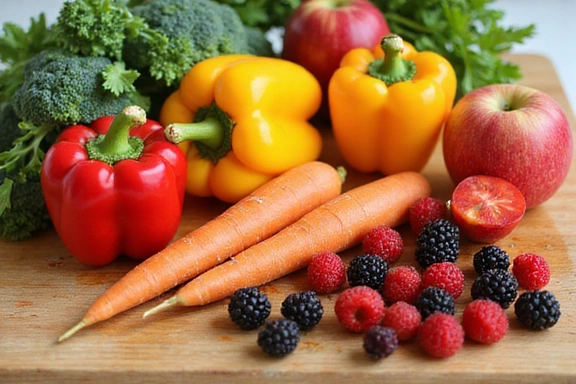 A variety of colorful fresh fruits and vegetables on a cutting board, ready for meal prep.